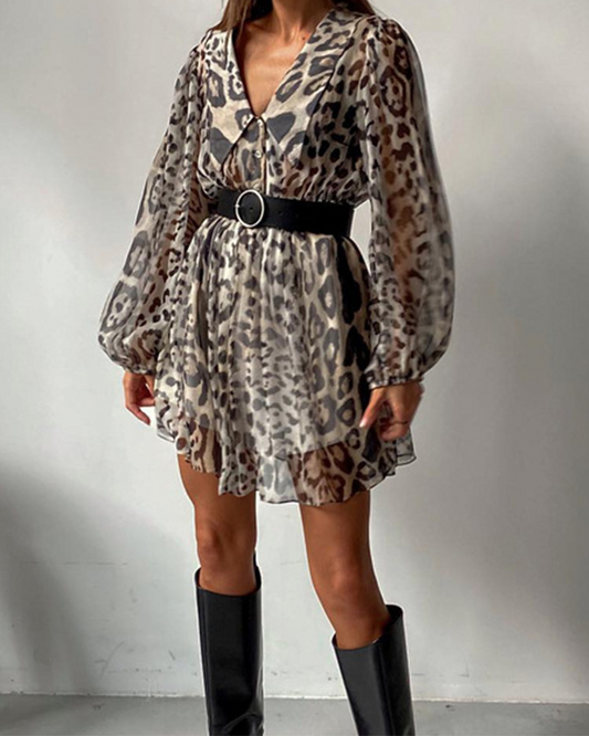 V Neck Long Sleeve Leopard Print Dress
