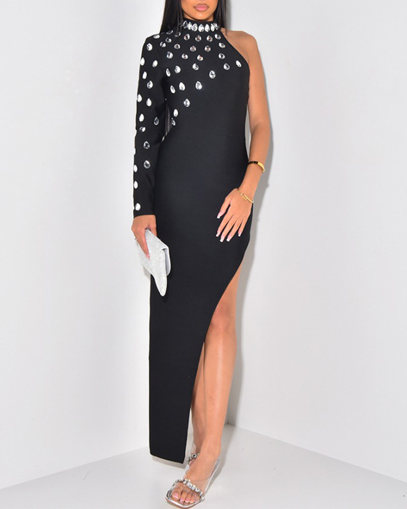Irregular Rhinestone Slit Dress