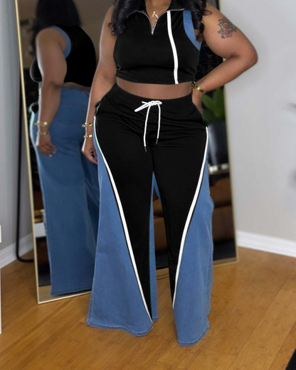 Denim Patchwork V-Neck Wide-Leg Trousers Suit