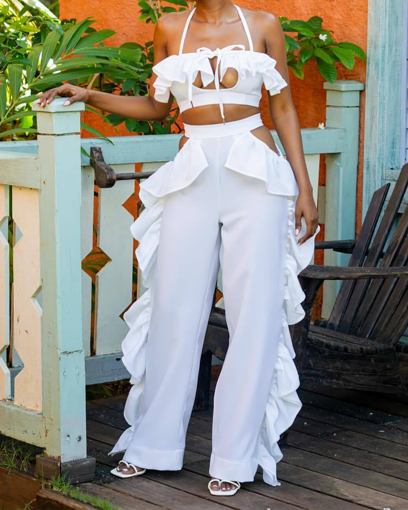 Ruffled High-Waist Wide-Leg Pants Suit