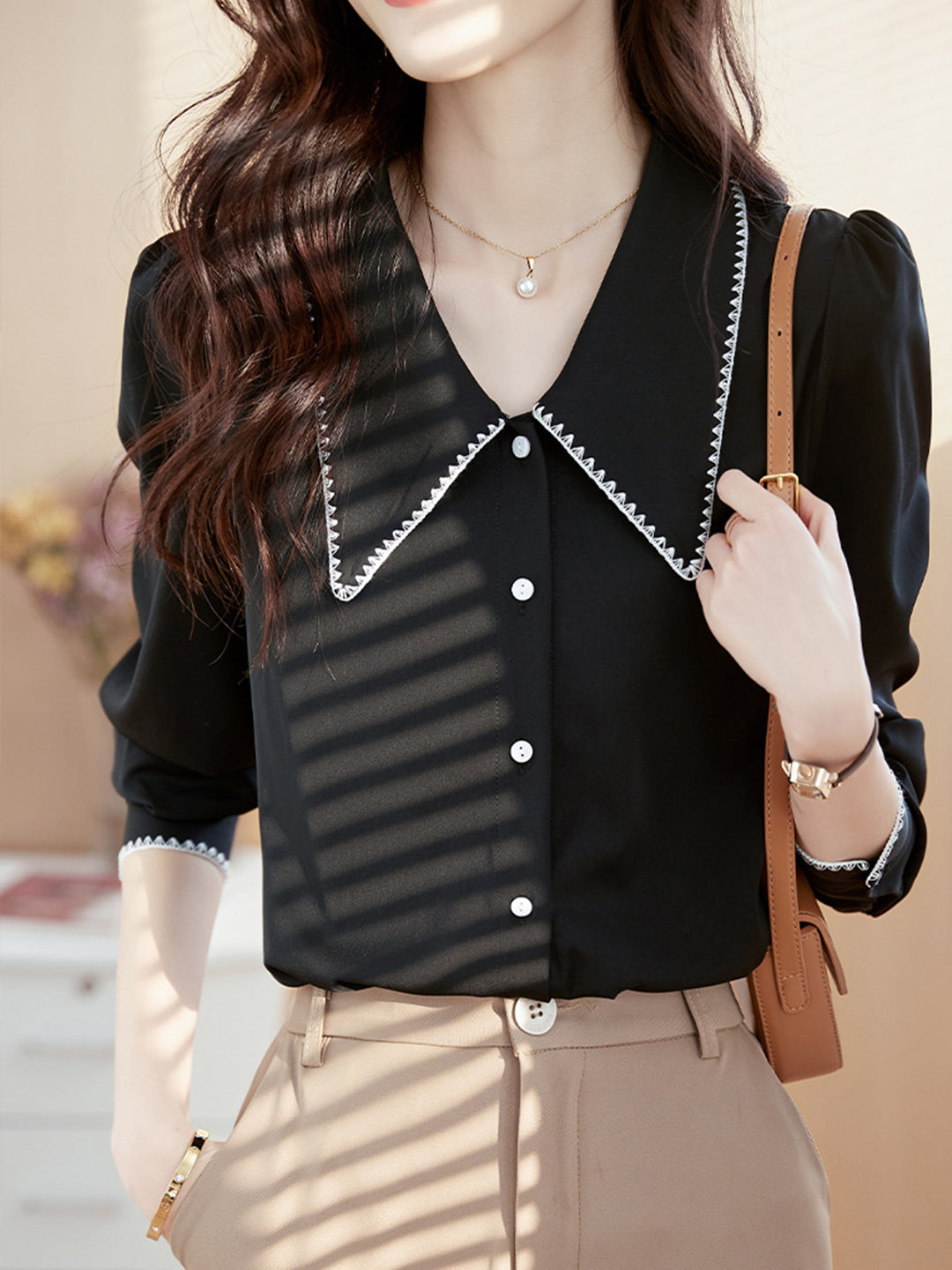 Elvira Casual Doll Collar Chiffon Blouse-Pink