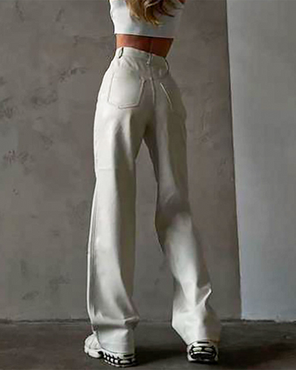 PU Pure Color High-Waisted Straight Casual Leather Pants