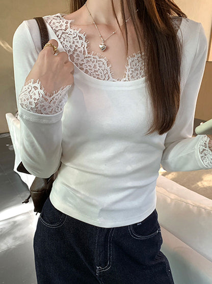 Emma Slim U-Neck Solid Color Lace Top