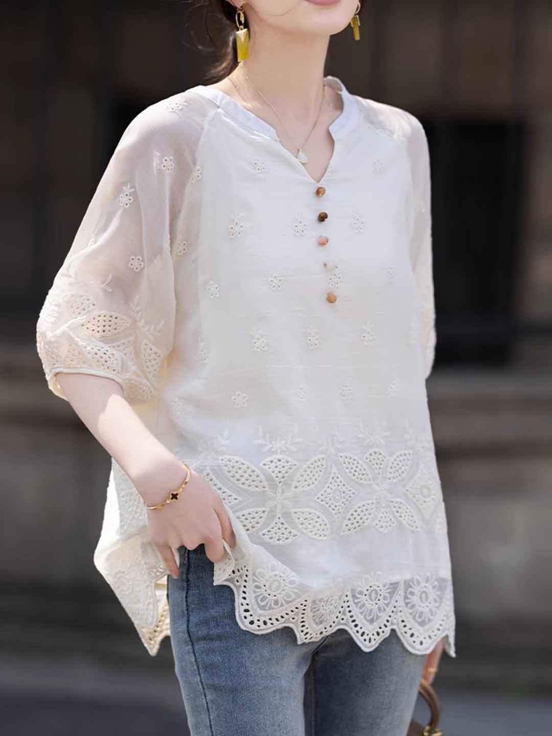 Eva Classic V-Neck Embroidered Chiffon Blouse
