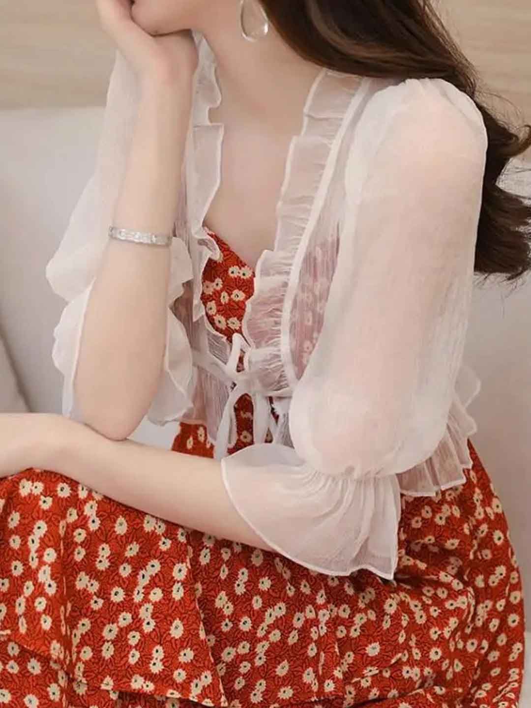 Grace Slim V-Neck Chiffon Ruffle Solid Color Blouse