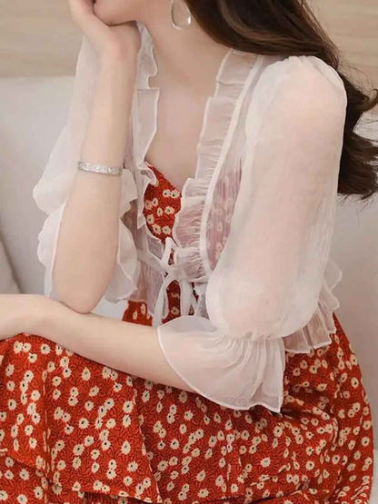 Grace Slim V-Neck Chiffon Ruffle Solid Color Blouse