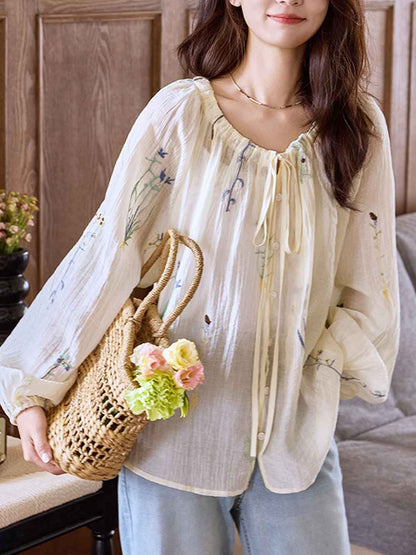 Zoey Loose Crew Neck Embroidered Chiffon Top