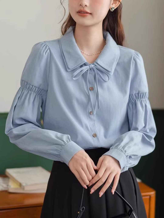 Hannah Classic Double Collar Tie Puff Sleeve Shirt