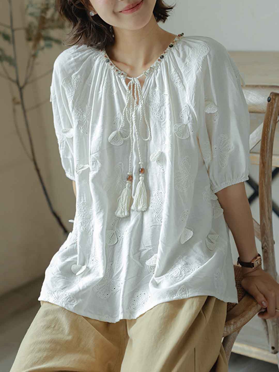 Sophie Elegant V-Neck Butterfly Embroidered Top