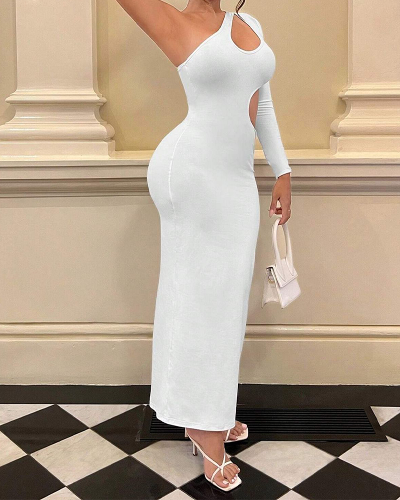 Shoulder Slanted Collar Long-Sleeved Hollow Long Dress