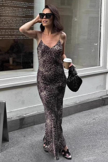 Slim Fit Leopard Print Ruched Waist Maxi Dress