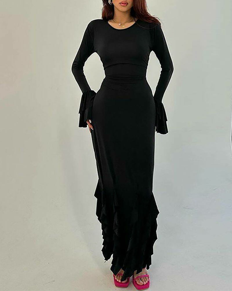 Slim-Fitting Lace-Up Long-Sleeved Dress