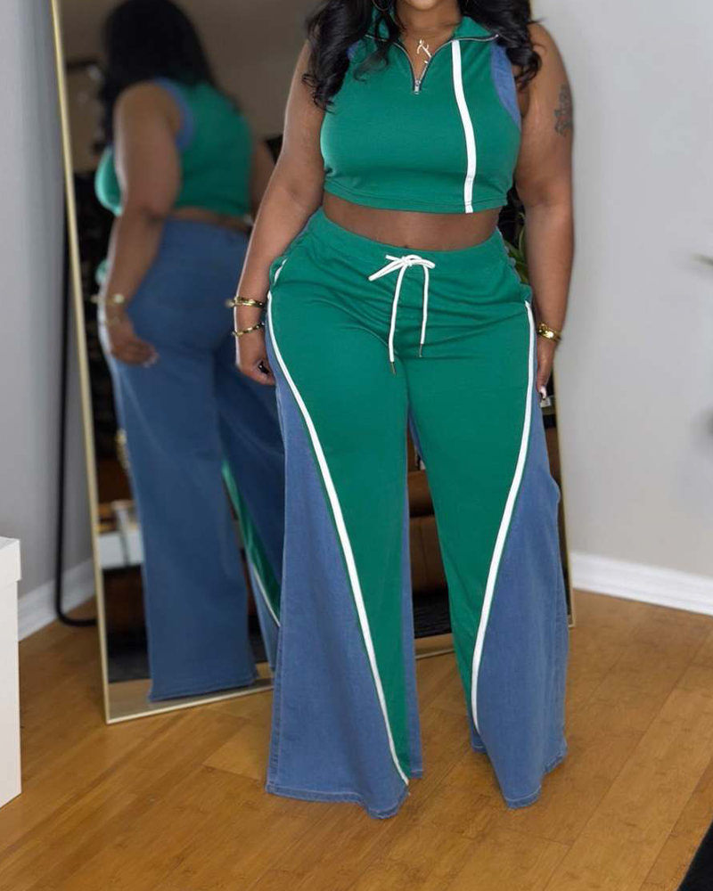 Denim Patchwork V-Neck Wide-Leg Trousers Suit