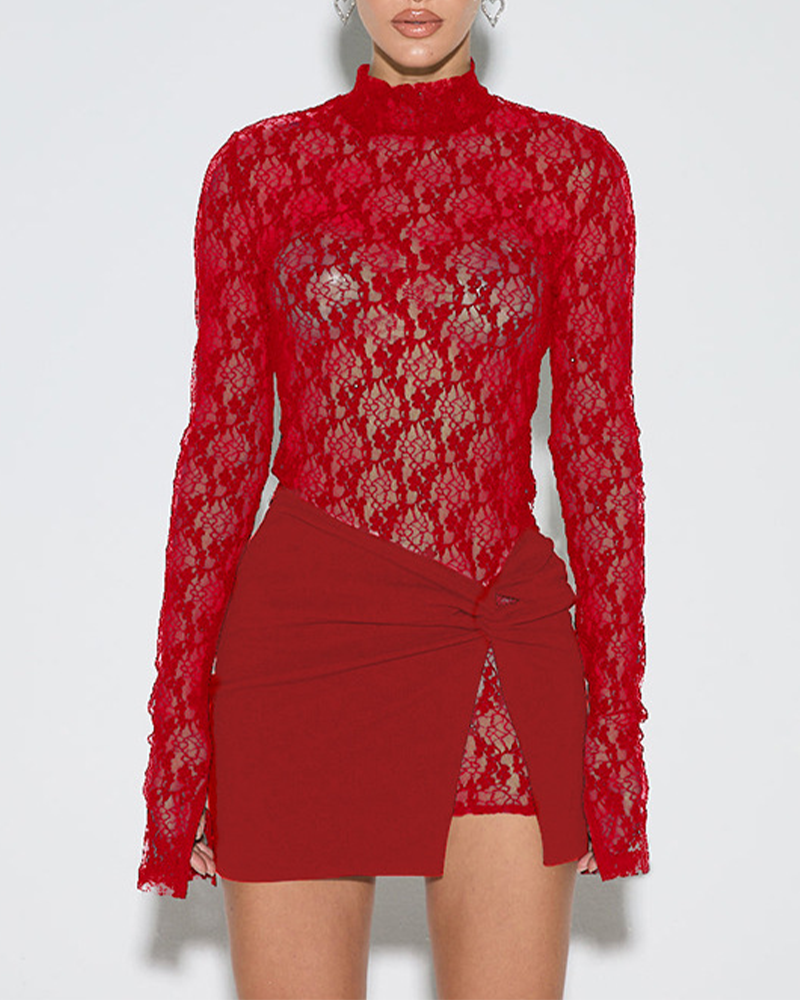 Lace See-Through Long-Sleeved Hip Skirt Suit