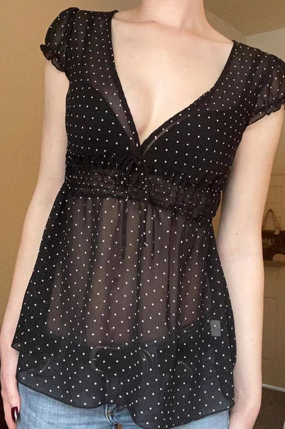 Polka Dot Sheer V-Neck Slim Fit Crop Top