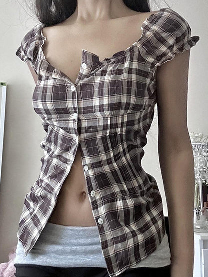 Brown Vintage Square Neck Wrap Shoulder Plaid Short Sleeves Shirts