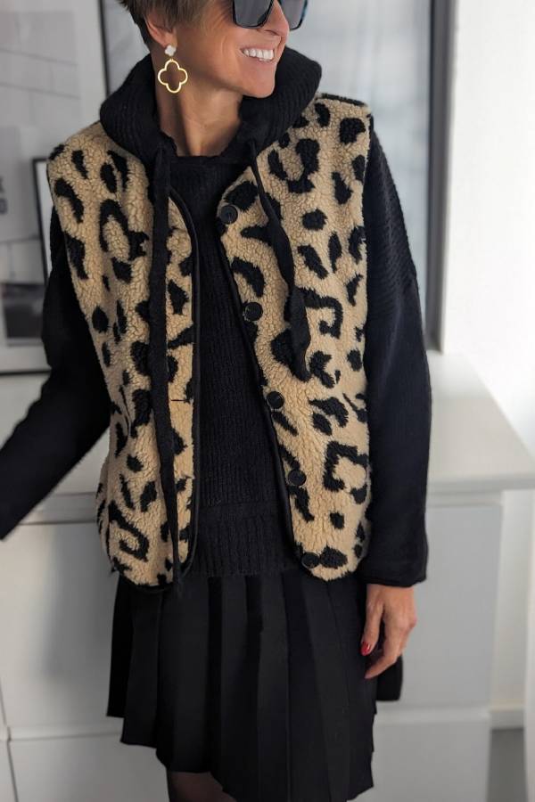 Chaqueta tipo chaleco informal con estampado de leopardo y abertura frontal para mujer, otoño e invierno