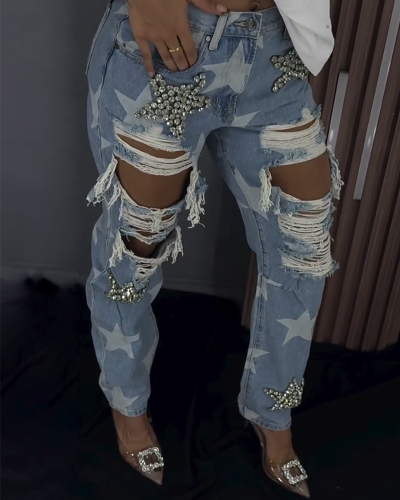 Ripped Ornament Jeans