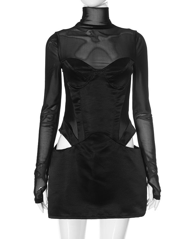 Mesh Splicing High Collar Slim Hollow Short Dress