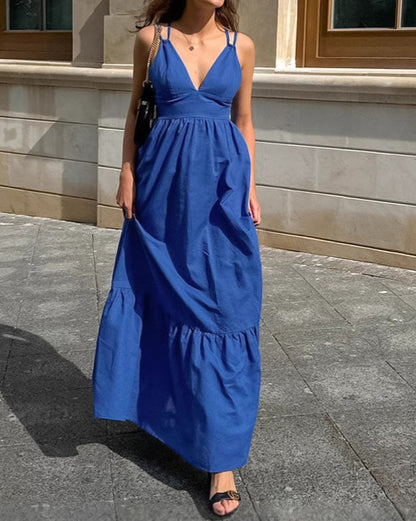 Blue Cotton and Linen V-Neck Halter Back Dress