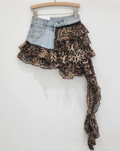 Denim Patchwork Short Irregular Chiffon Cake Skirt