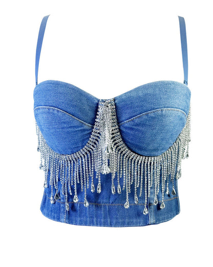 Slim Fit Denim Rhinestone Tassel Beaded Chest Wrap