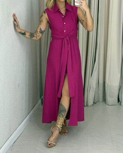 V-Neck Sleeveless Solid Color Waist Dres