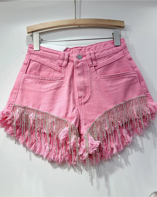 Ripped High Waist Rhinestone Tassel Chain Denim Shorts