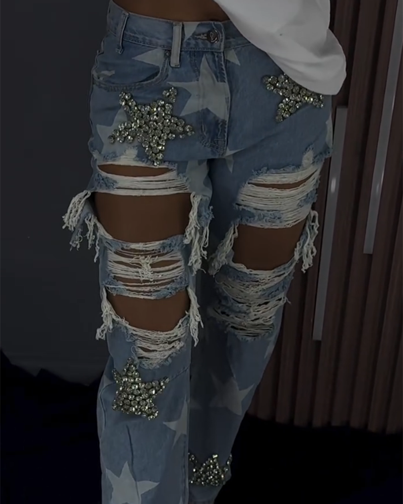 Ripped Ornament Jeans