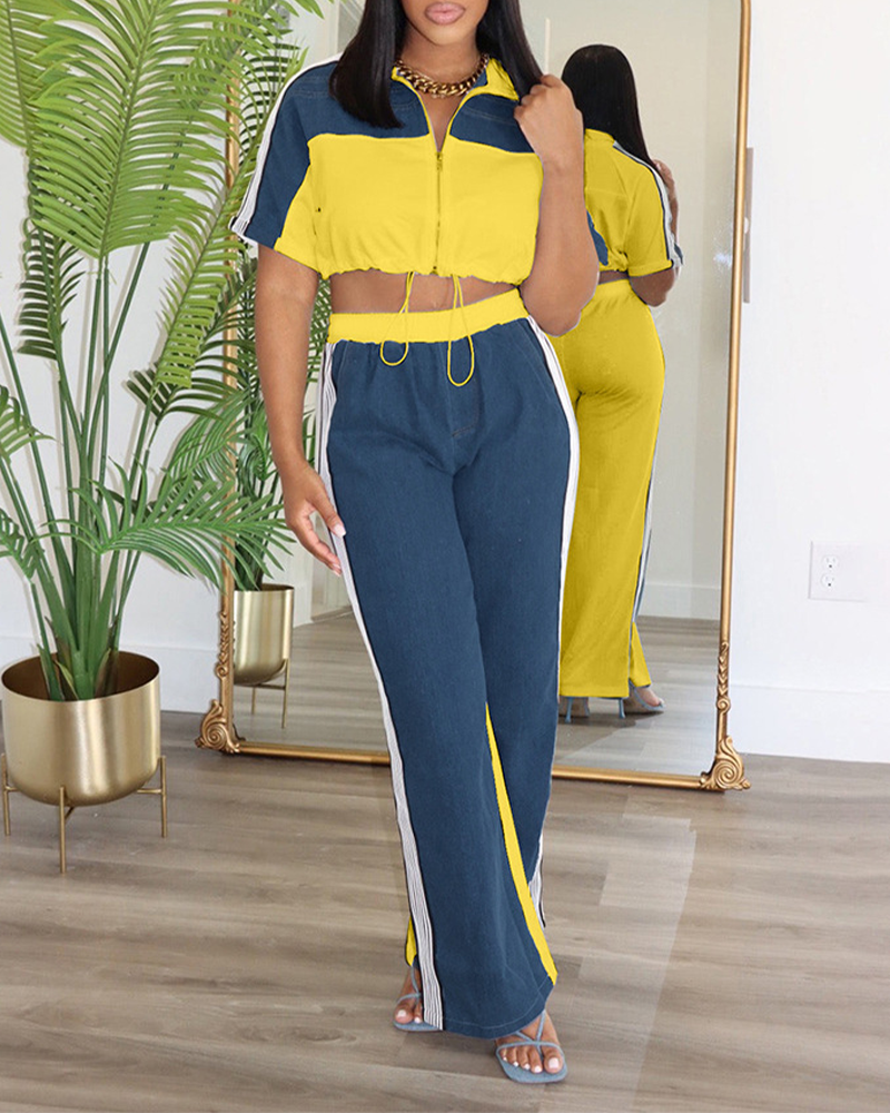 Denim Patchwork Wide-Leg Pants Suit
