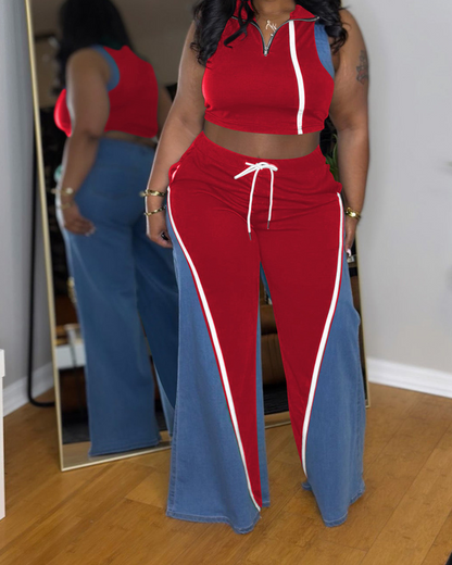 Denim Patchwork V-Neck Wide-Leg Trousers Suit