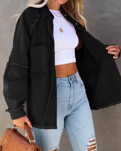 Raw Edge Patchwork Pocket Denim Jacket