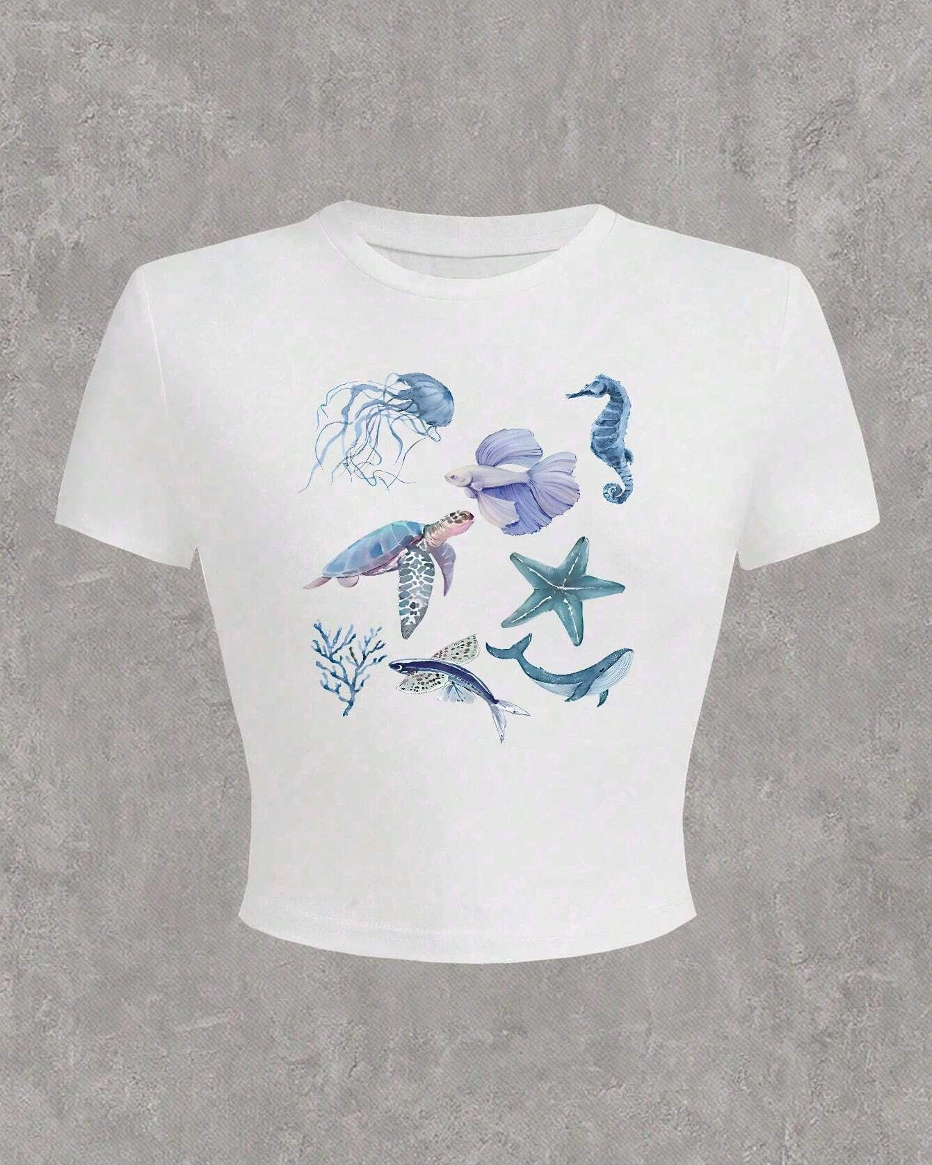 Y2K Marine Life Print T-Shirt