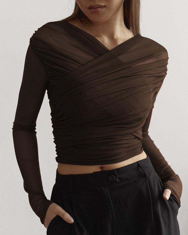 Solid Color Mesh Sexy Pleated Long Sleeve T-Shirt