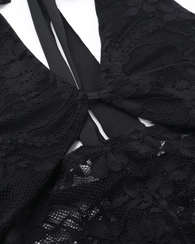 Halter Neck Lace Hollow Stitching Hip Dress