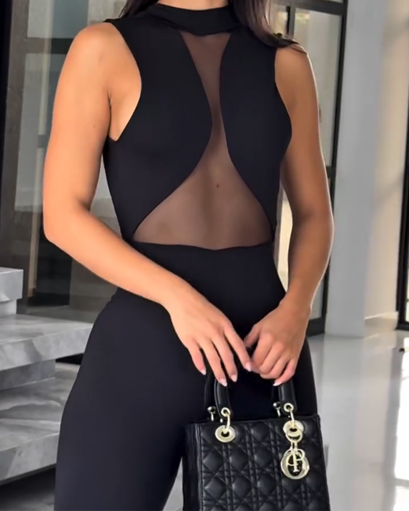 Hollow Solid Color Patchwork Jumpsuit