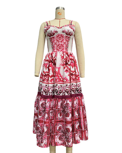 Swing Mid-Length Printed Suspender Dress