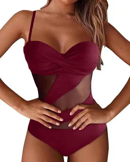 Mesh Stitching Hollow One-Piece Bikini Swimsuit