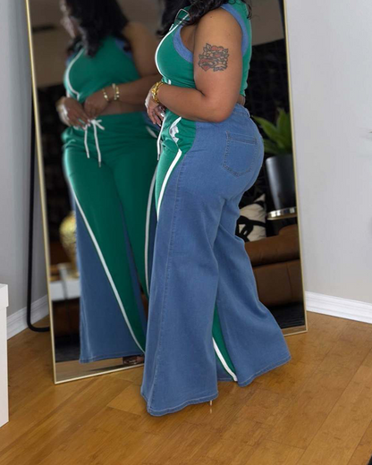 Denim Patchwork V-Neck Wide-Leg Trousers Suit