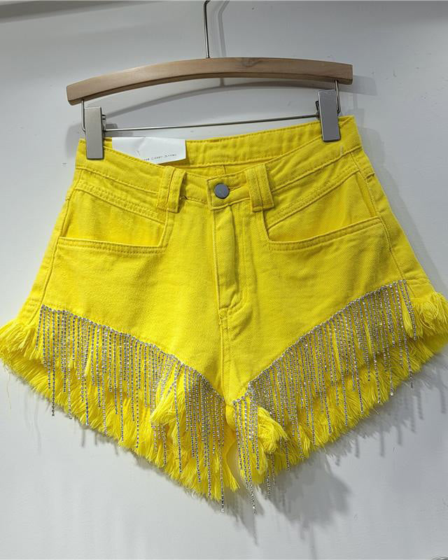 Ripped High Waist Rhinestone Tassel Chain Denim Shorts
