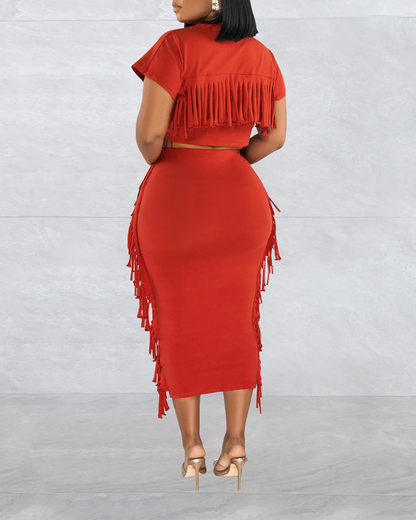 Fringed Crewneck Short-Sleeved Long Skirt Set