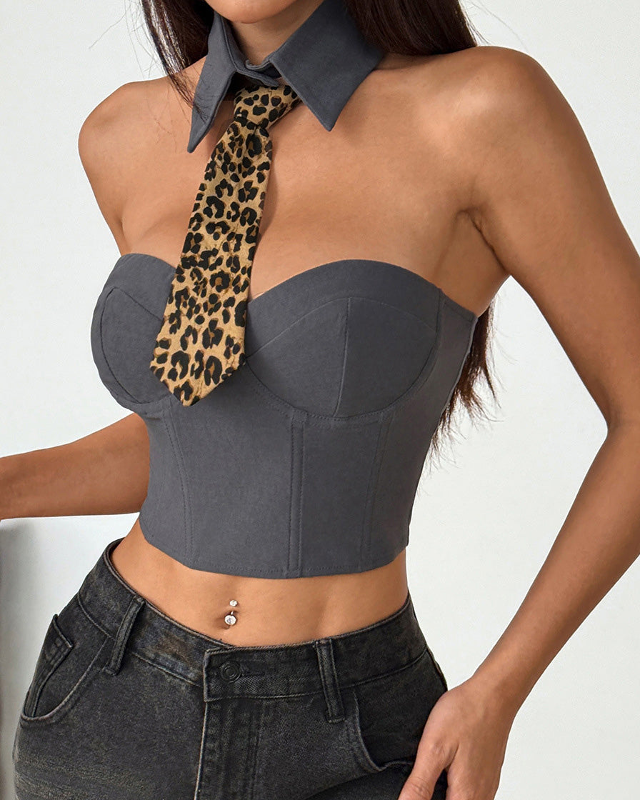 Halter Neck Leopard Print Tie-Strap Herringbone Vest