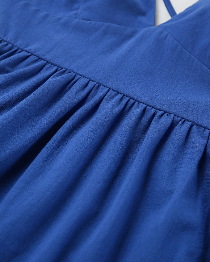 Blue Cotton and Linen V-Neck Halter Back Dress