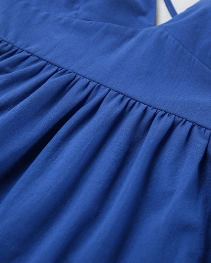 Blue Cotton and Linen V-Neck Halter Back Dress