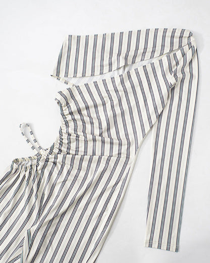 Striped Print Hollow One-Shoulder Long Sleeve Caulking Jumpsuit
