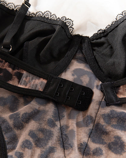 Sexy Lace Stitching Leopard Print Underwire Push-up Bodysuit