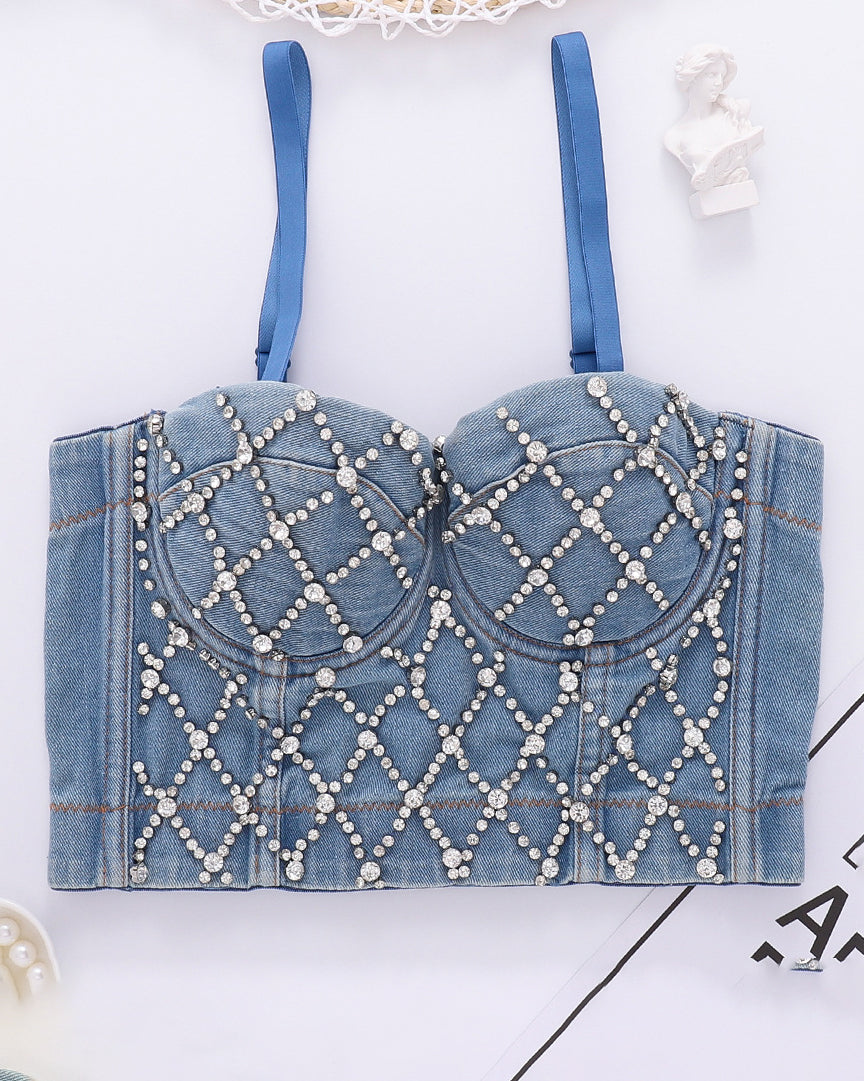 Denim Beaded Suspender Tube Top