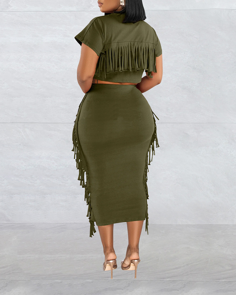 Fringed Crewneck Short-Sleeved Long Skirt Set