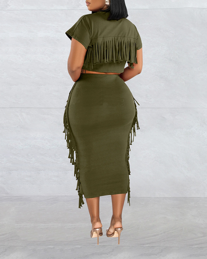 Fringed Crewneck Short-Sleeved Long Skirt Set