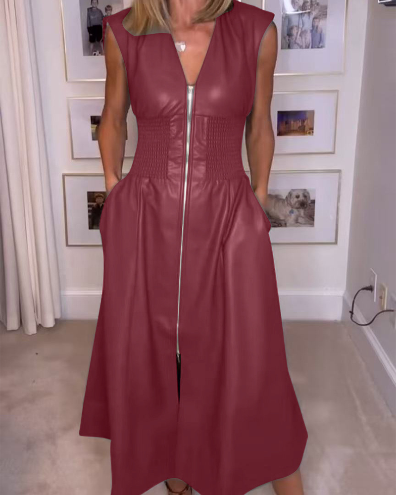 PU Zipper Waist Long Dress